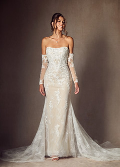 Azazie Caitlin Wedding Dresses Diamond White Champagne Mermaid Strapless Lace Dress image4