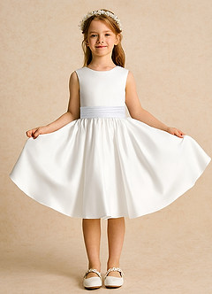 Azazie Sosie Flower Girl Dresses Ivory White A-Line Pleated Matte Satin Dress image2