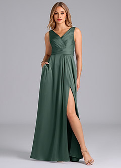 Azazie Karina Bridesmaid Dresses Sea Moss A-Line Pleated Stretch Satin Dress image1