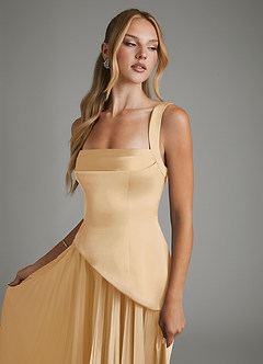 Azazie Stephanie Bridesmaid Dresses Gold A-Line Corset Stretch Satin Dress image3