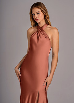 Azazie Lorena Robes de demoiselle d'honneur Robe Sirène en Satin extensible Plissée Argile image6