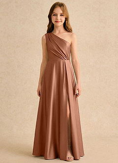 Azazie Puddles Girls Formal Abiti da Ragazza di Fiori Abito A-Line in Raso Elasticizzato Monospalla Bronzo image6