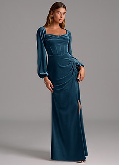 Azazie Charissa Jurken voor bruidsmeisjes Jurk van flueel met Kolom Lange mouw Blauwe Topaas image3