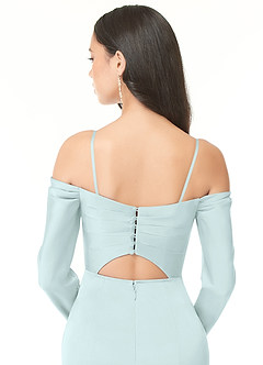Azazie Hallie Bridesmaid Dresses Sea Glass Sheath Off-The-Shoulder Long Sleeve Stretch Satin Convertible Dress image7
