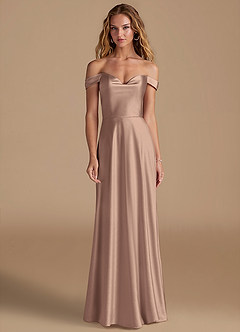 Azazie Jackalin Bridesmaid Dresses Taupe A-Line Off the Shoulder Metallic Satin Convertible Dress image1