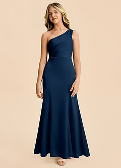 Azazie Ren Junior Dark Navy A-Line Pleated Stretch Satin Dress image5