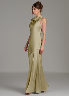 Azazie Kiara Bridesmaid Dresses Moss Green Mermaid Pleated Stretch Satin Dress image3
