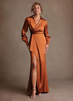 Azazie Jacinta Mère de la mariée Robes Robe Fourreau en Satin extensible Plissée Cannelle image1