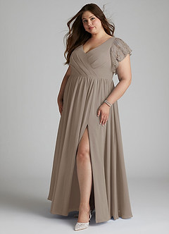 Azazie Zella Bridesmaid Dresses Taupe A-Line Lace Chiffon Dress image9