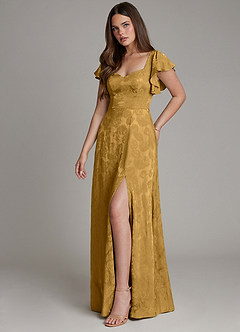 Azazie Keya Bridesmaid Dresses Marigold Jacquard A-Line Ruched Jacquard Dress image1