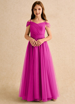 Azazie Yuna Girls Formal Abiti da Ragazza di Fiori Abito A-Line in Tulle Spalle Scoperte Fucsia image4