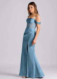 Azazie Alyce Vestidos de damas de honor Vestido de Azul Acero de Satén Elástico de Corte Sirena Convertible con Vestidos sin tirantes image4