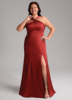 Azazie Rue Bridesmaid Dresses Pomegranate A-Line Pleated Stretch Satin Dress image8