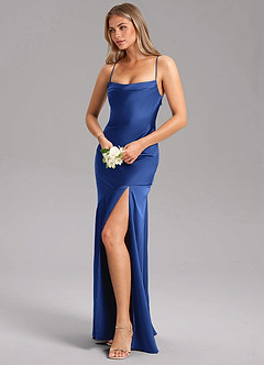 Azazie Grata Bridesmaid Dresses Royal Blue Sheath Side Slit Stretch Satin Dress image4