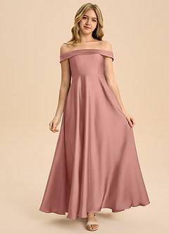 Azazie Sissy Junior Robe Trapèze en Satin extensible Épaule décolletée Rosette image4