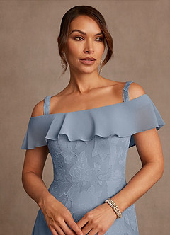 Azazie Marina Mother of the Bride Dresses Dusty Blue A-Line Off the Shoulder Floral Burnout Dress image4
