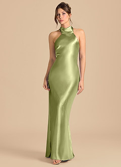 Azazie Velli Robes de demoiselle d'honneur Robe Fourreau en Satiné métallisé Col Haut Pistache image4