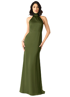 Azazie x Delaney Vestidos de damas de honor Vestido de Oliva de Satén Elástico de Corte Recto con Cuello Alto image1