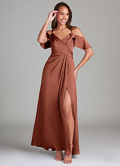 Azazie Dakota Robes de demoiselle d'honneur Robe Trapèze en Satin extensible Épaule décolletée Argile image4