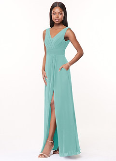 Azazie Karina Bridesmaid Dresses Aqua A-Line Pleated Chiffon Dress image3