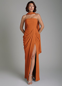 Azazie Nyra Robes de demoiselle d'honneur Robe Fourreau en Mousseline de soie Corset Cannelle image1