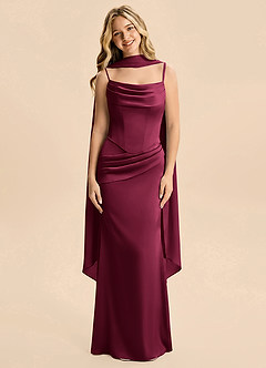 Azazie Sorrel Junior Vestido Borgoña de Satén Elástico de Corte Sirena con Drapeado image1