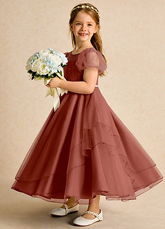 Azazie Duckie Abiti da Ragazza di Fiori Abito Principessa in Tulle Plissettato Auburn image4