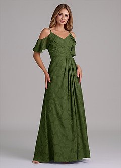 Azazie Dakota 신부 들러리 드레스 A라인 오프 더 숄더 플로럴 번아웃 바닥 길이 드레스 image4