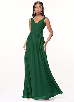 Azazie Keyla Robes de demoiselle d'honneur Robe Trapèze en Mousseline de soie Col V plissé Vert Foncé image1