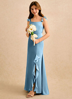 Azazie Novalie Girls Formal Abiti da Ragazza di Fiori Abito Sirena in Raso Elasticizzato Fiocco Blu Acciaio image2