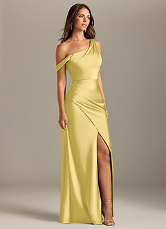 Azazie Madelyn Robes de demoiselle d'honneur Robe Sirène Convertible en Satin extensible Une épaule Canari image4
