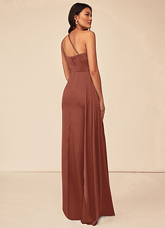 Azazie Maron Robes de demoiselle d'honneur Robe Trapèze en Satin extensible Epaule unique Auburn image4