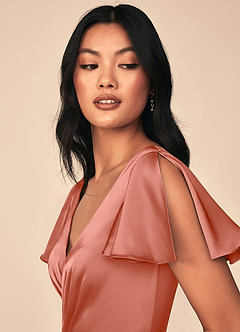 Azazie Soren Bridesmaid Dresses Salmon Pink A-Line Pleated Stretch Satin Dress image6