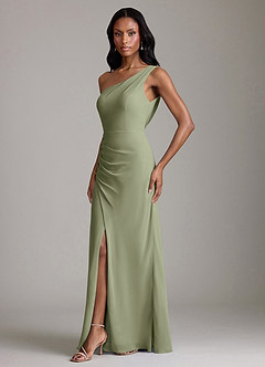 Azazie Madelyn Vestidos de damas de honor Vestido de Pistacho de Gasa de Corte Sirena Convertible con Hombro unilateral image6