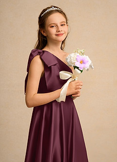 Azazie Guppy Girls Formal Flower Girl Dresses Cabernet A-Line One Shoulder Matte Satin Dress image6