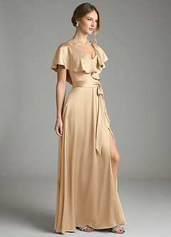 Azazie Lainey Bridesmaid Dresses Champagne A-Line with Pockets Stretch Satin Dress image5