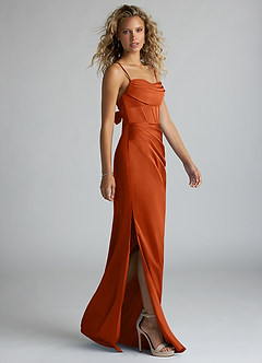 Azazie Mai Bridesmaid Dresses Burnt Orange Sheath Pleated Stretch Satin Dress image4