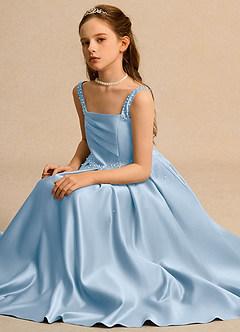 Azazie Mochi Girls Formal Vestidos de florista Vestido Pó Azul de Cetim fosco de Vestido de baile com Plissado image3