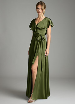 Azazie Lainey Bridesmaid Dresses Olive A-Line with Pockets Stretch Satin Dress image4