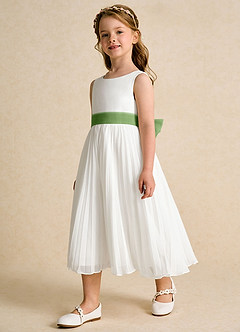 Azazie Margot Flower Girl Dresses Ivory Basil A-Line Pleated Chiffon Dress image2
