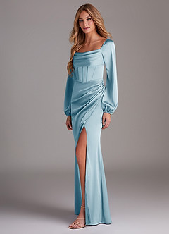 Azazie Charissa Robes de demoiselle d'honneur Robe Fourreau en Satin extensible Manche longue Bleu Ciel image5