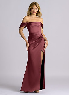 Azazie Auden Bridesmaid Dresses Merlot Sheath Off the Shoulder Stretch Satin Convertible Dress image7