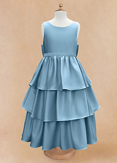 Azazie Margie Flower Girl Dresses Steel Blue A-Line Bow Stretch Satin Dress image4