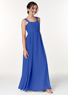 Azazie Simoan Junior Abito A-Line in Chiffon Scollo a Cuore Blu Reale image3