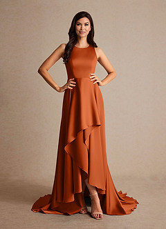 Azazie Niles Vestidos para mãe da noiva Vestido Laranja Queimada de Cetim elástico de Linha A com Trens image5