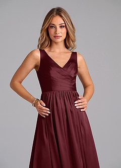 Azazie Keyla Vestidos de damas de honor Vestido de Cabernet de Satén Elástico de Corte en A con Plisado image3