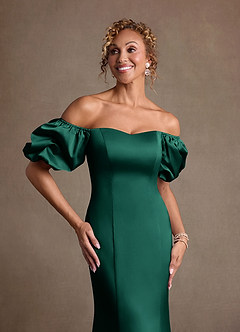 Azazie Redding Mother of the Bride Dresses Emerald Sheath Ruched Stretch Satin Dress image6