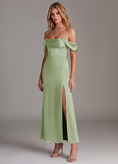 Azazie Saige 신부 들러리 드레스 인어 오프 더 숄더 스트레치 새틴 발목 길이 드레스 image4