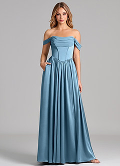Azazie Raisa Jurken voor bruidsmeisjes Jurk van Stretch Satijn met A-Lijn Off the Shoulder Staal Blauw image1