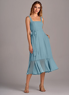 Azazie Deb Brautjungfernkleider Wandelbar A-Linie mit Taschen Chiffon Kleid Stimmungsvolles Blau image4